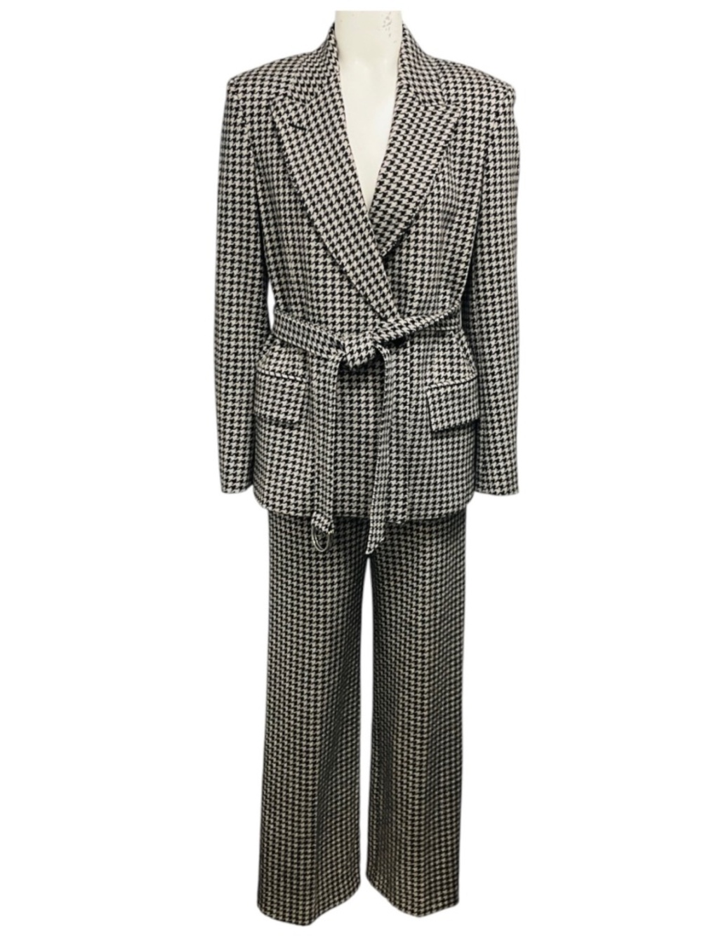 MAX MARA BEIGE / BROWN HOUNDSTOOTH PATTERNED WOOL JACKET AND PANTS SUIT SET WITH